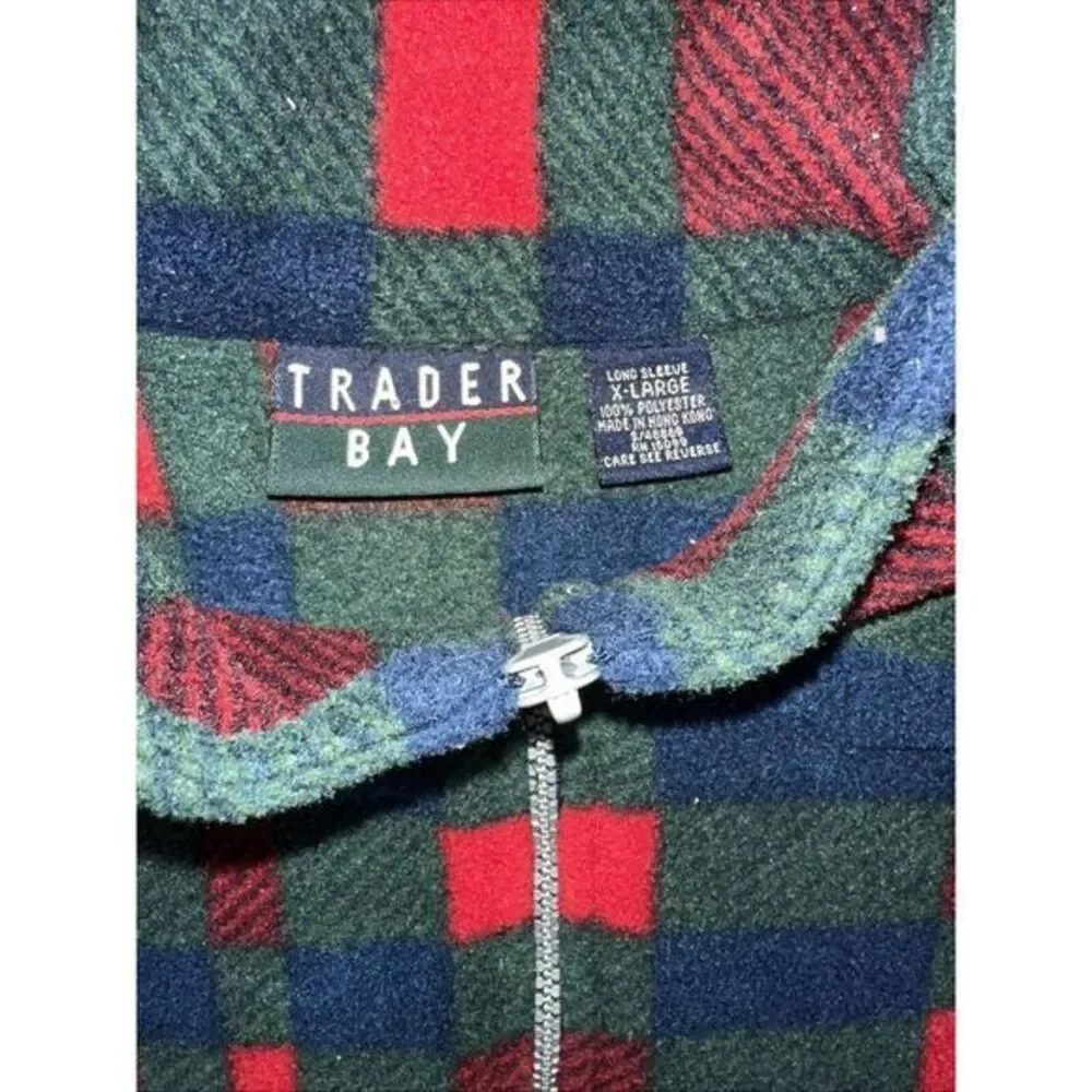 VTG SEARS TRADER BAY WESTERN PLAID FLEECE JACKET 1/4 ZIP RETRO GREEN RED MENS XL